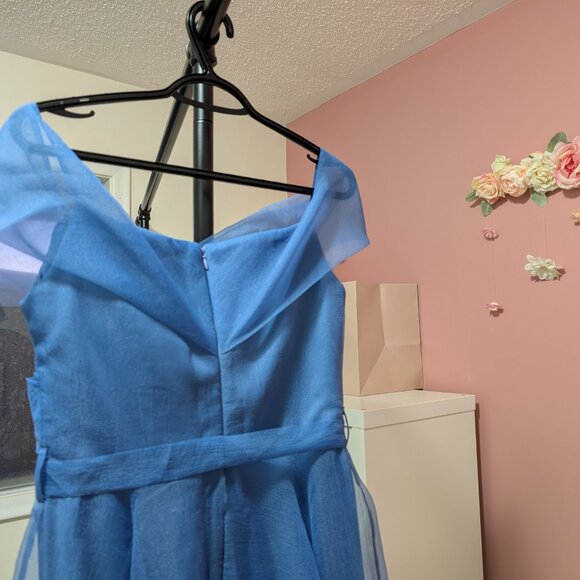 Size Small Blue Tulle Off- the-Shoulder Midi Dress with Bow Belt - Picture 6 of 6